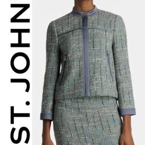 St. John Metallic Tweed Jacket Lurex Moto Zip Size 8 Grey Slate Multi